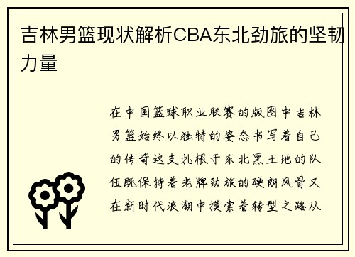 吉林男篮现状解析CBA东北劲旅的坚韧力量