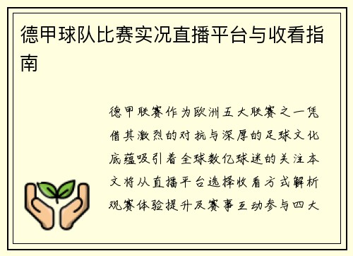 德甲球队比赛实况直播平台与收看指南