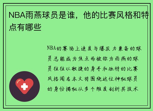 NBA雨燕球员是谁，他的比赛风格和特点有哪些